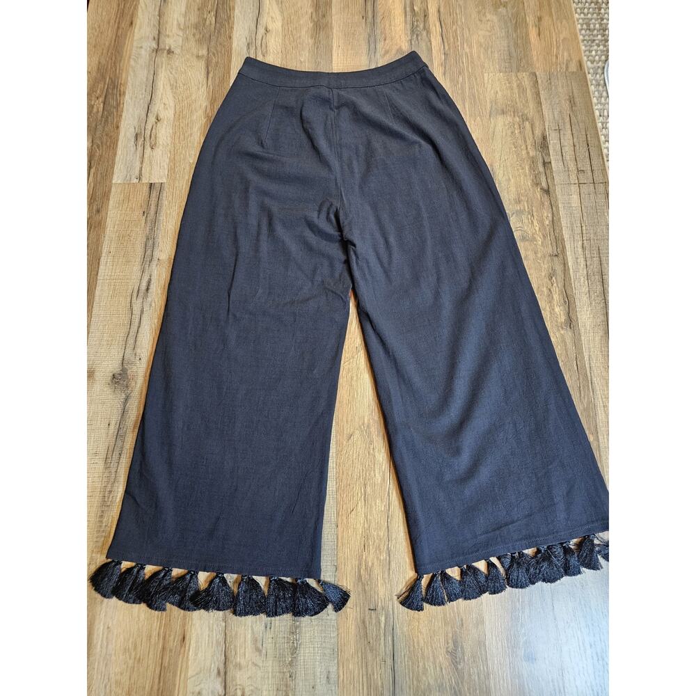 Sugar + Lips Tassel Trim Wide Leg Linen Pants Women's Size M Black Linen Blend - Picture 2 of 8